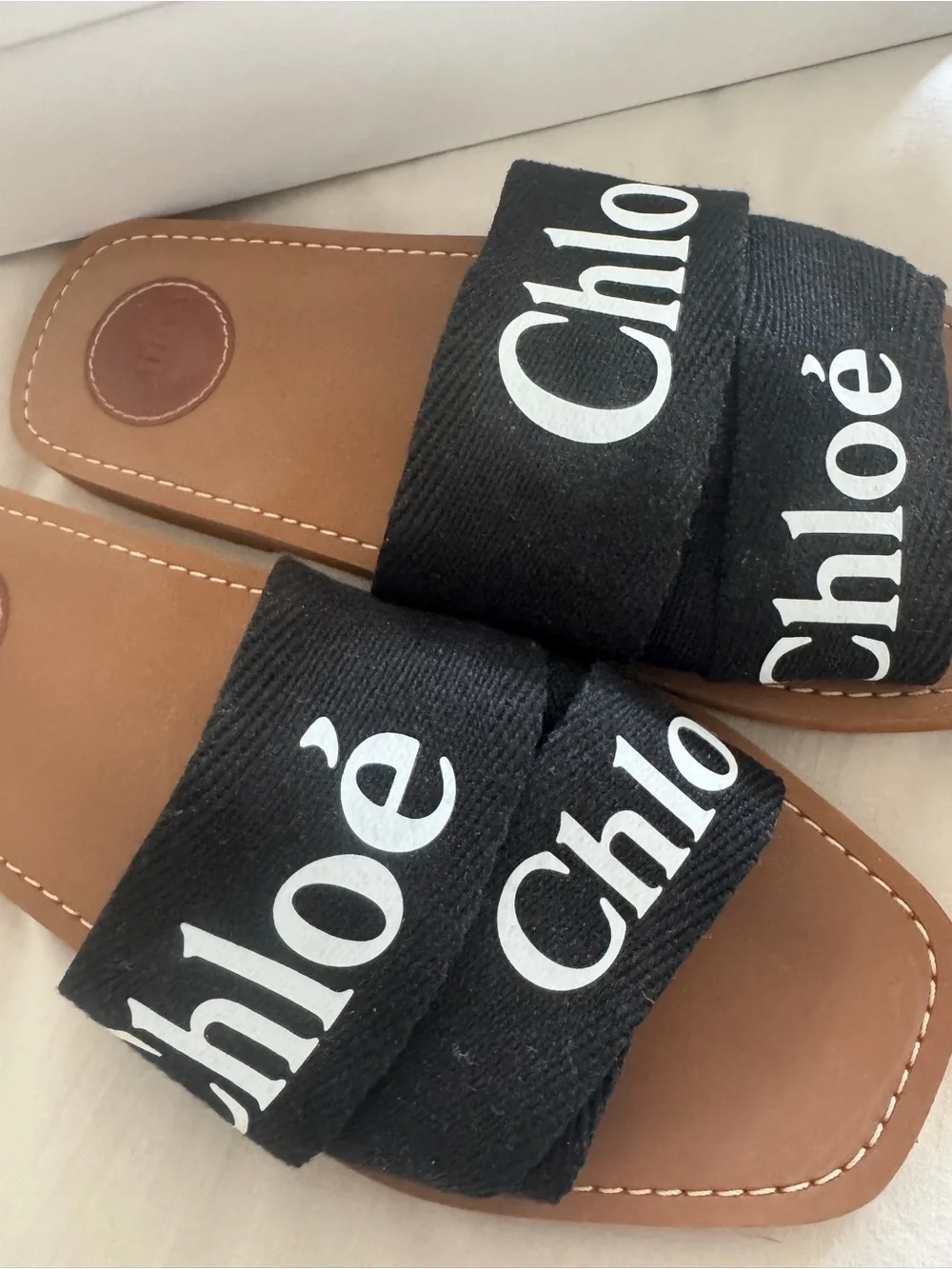 Chloé Black Logo Strap Brown Leather Slide Sandals - Picture 2 of 3